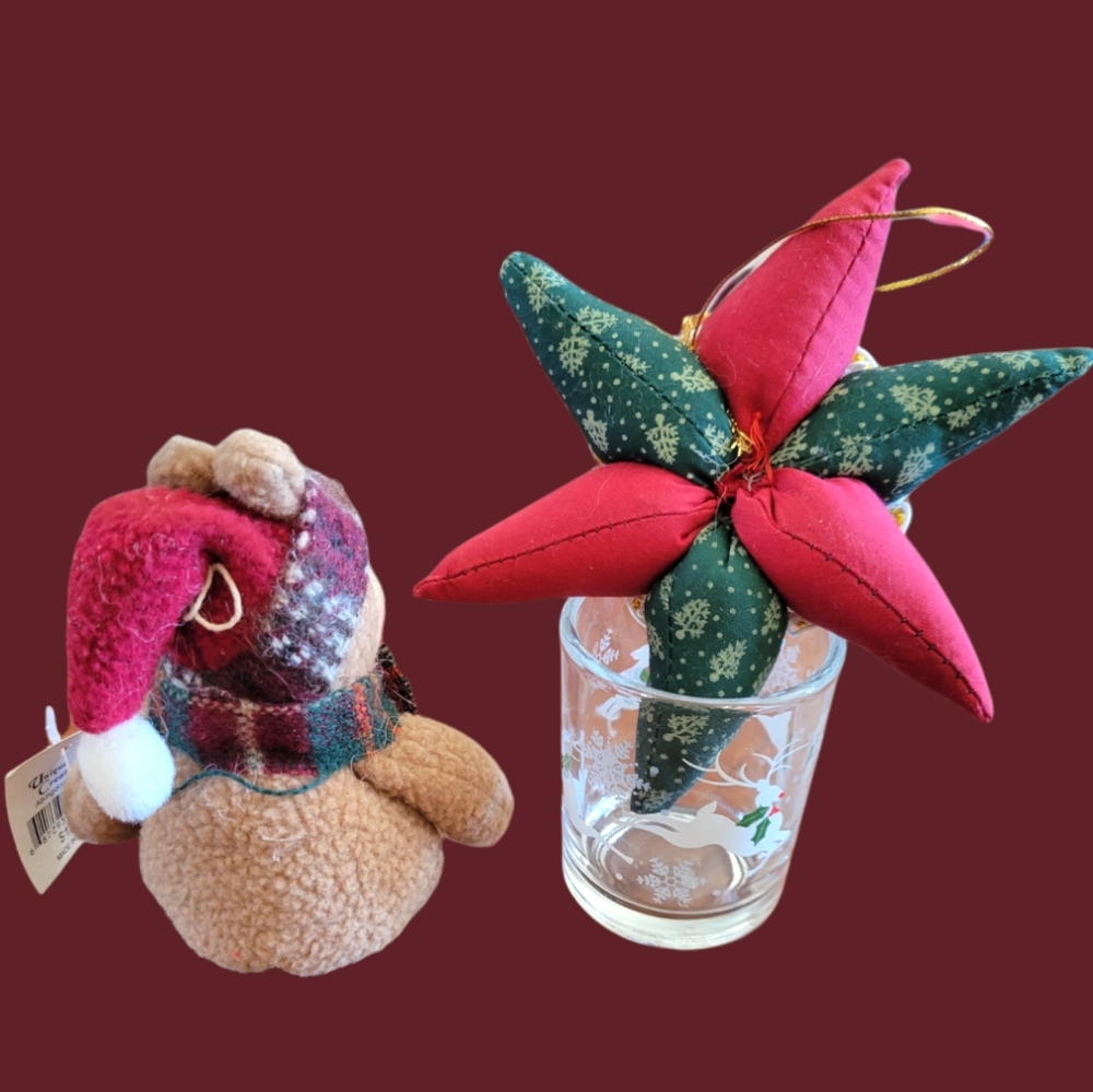 2 Vtg Stuffed Cloth Ornaments 1 Tea Light Candle Holder Star Bear Reindeer Glass - Picture 3 of 3